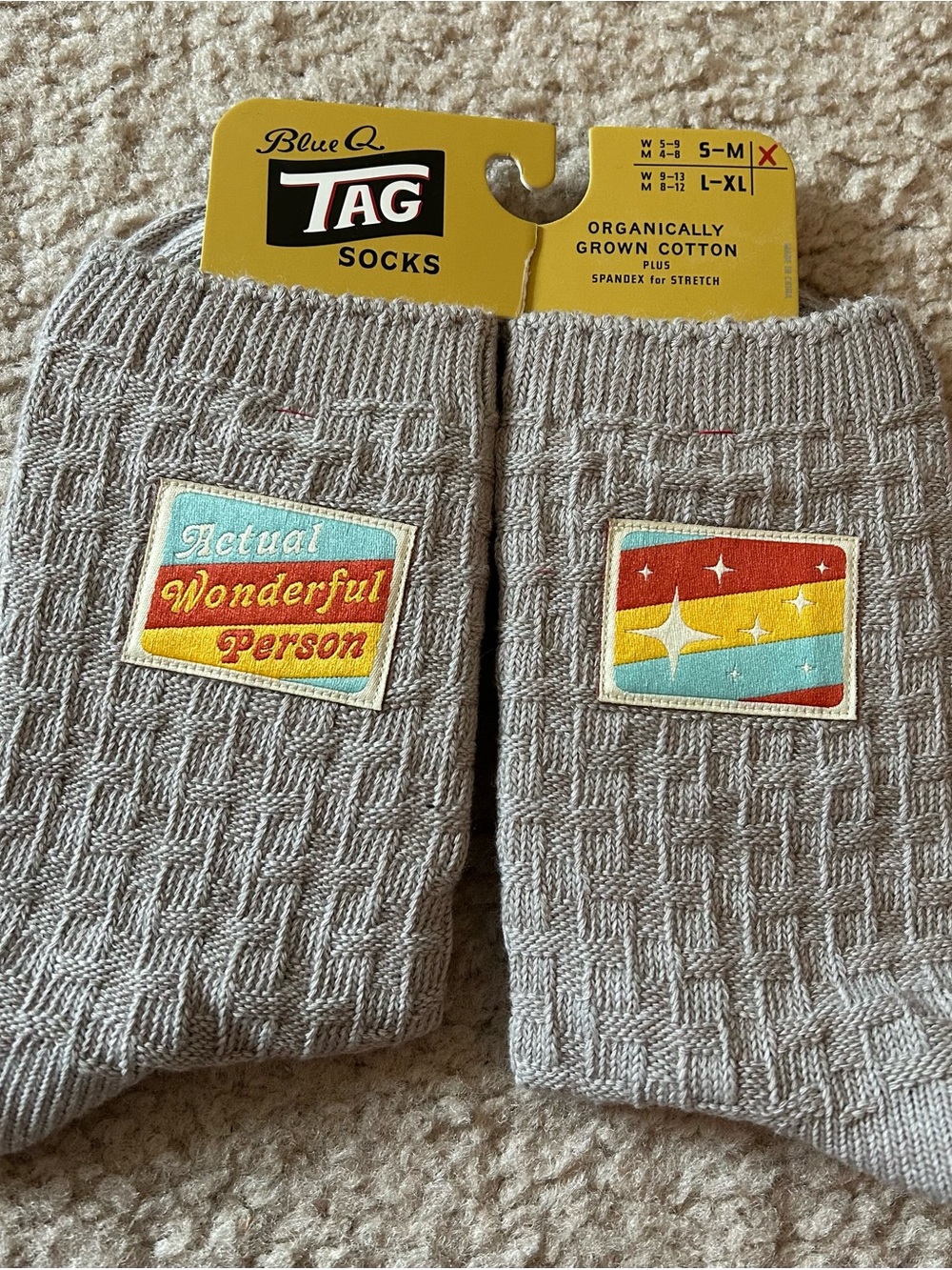 Blue Q women’s Gray/Tan Waffle Socks with Colorful Retro Patch Accents
